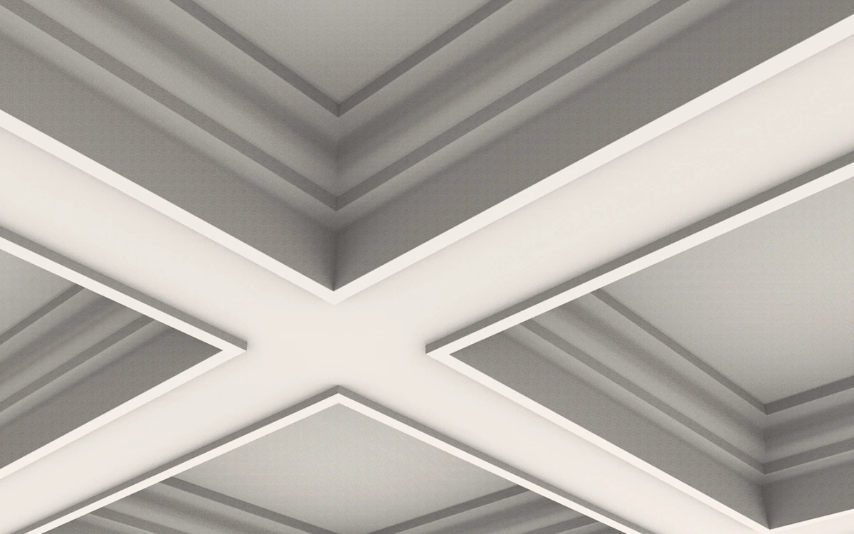IB-02 white plaster ceiling beams with curved moulded edges, crossing beneath square coffers.