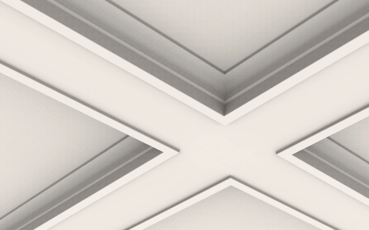 IB-03 white plaster ceiling beams with shallow moulded borders, shown crossing from below.