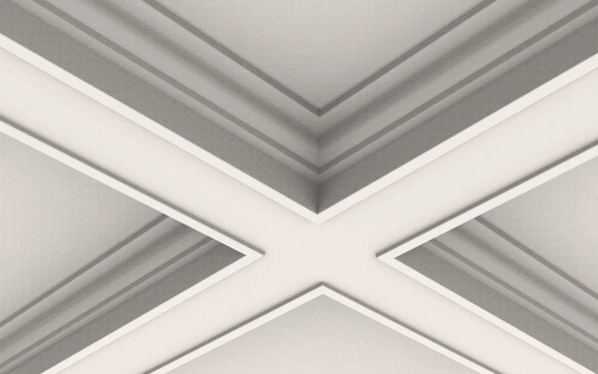 IB-04 white plaster ceiling beams with rounded moulded edges, shown crossing from below.