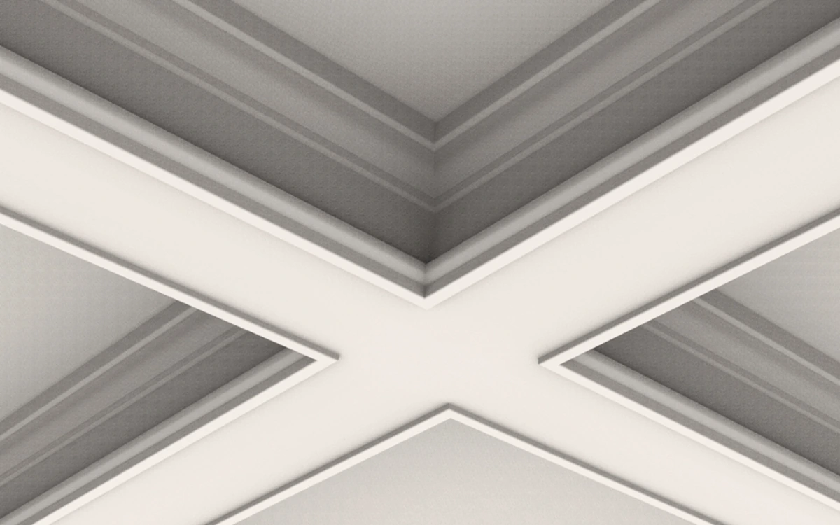 IB-07 white plaster coffered ceiling beams with rounded borders and fine lower edge detail.