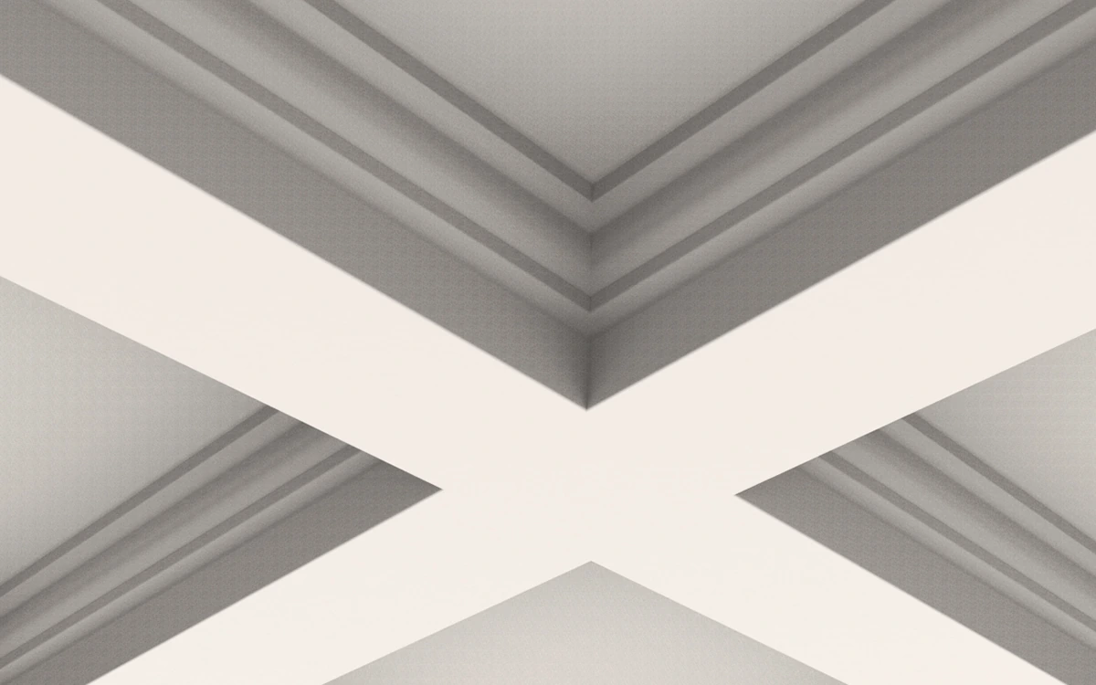 IB-09 white plaster coffered ceiling beams with broad flat undersides and curved inner moulding.