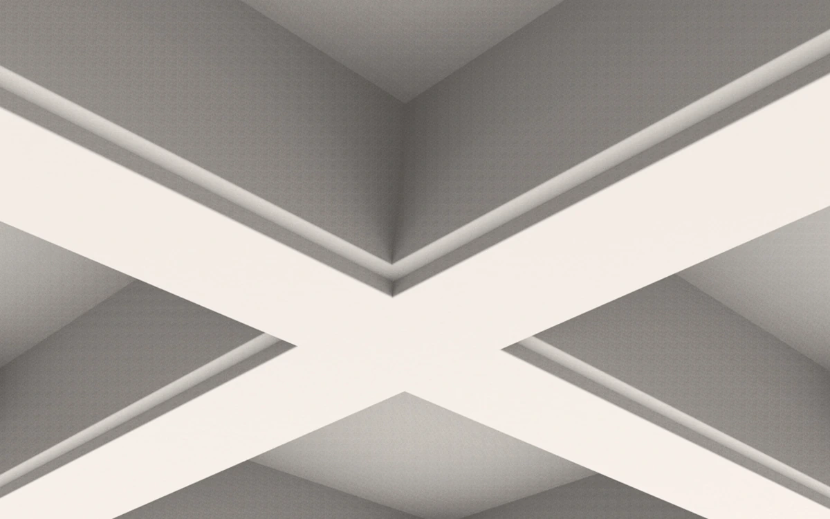 IB-11 white plaster coffered ceiling beams with straight faces and small stepped edges.