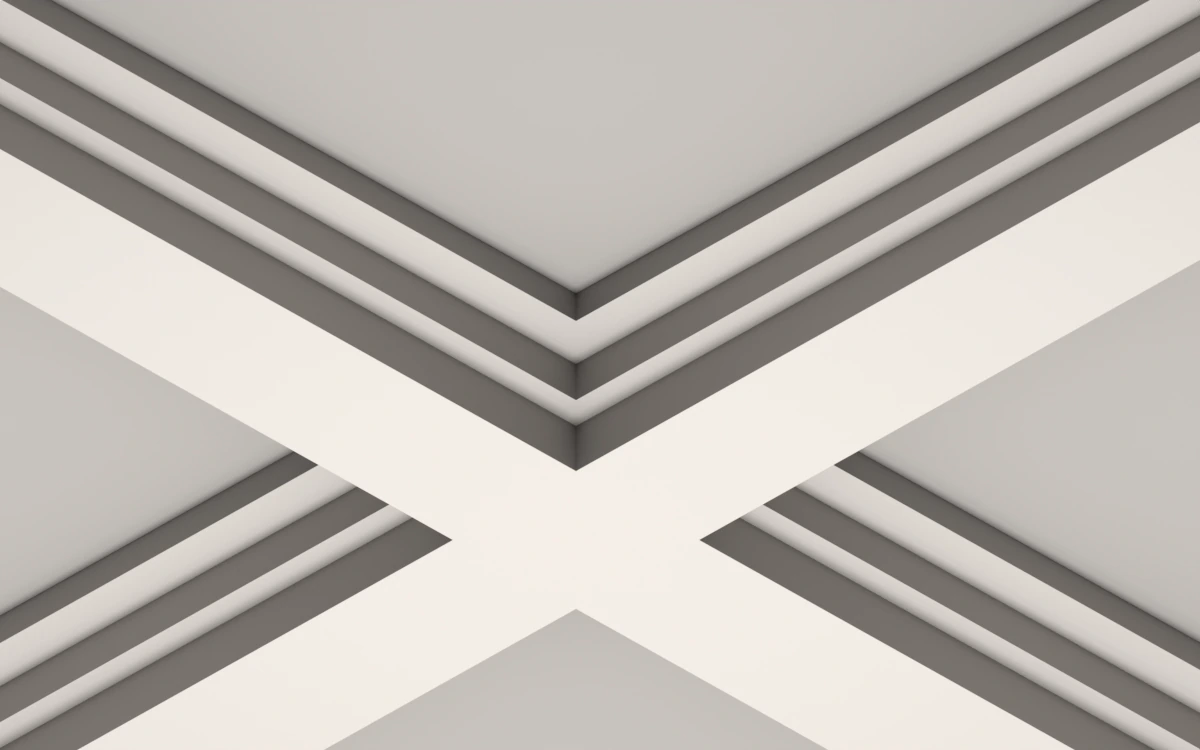 IB-15 white plaster ceiling beams with three stepped levels and flat undersides, crossing beneath square coffers.