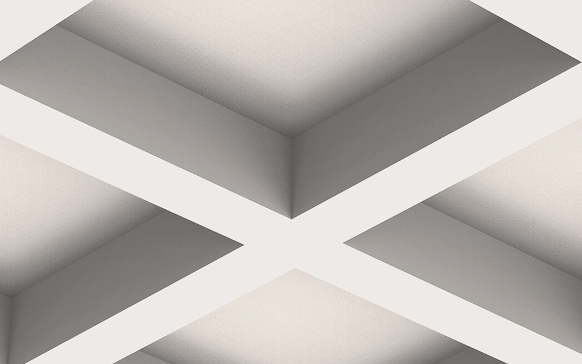 IN-022 plain rectangular white plaster ceiling beams forming a coffered grid, viewed from below.