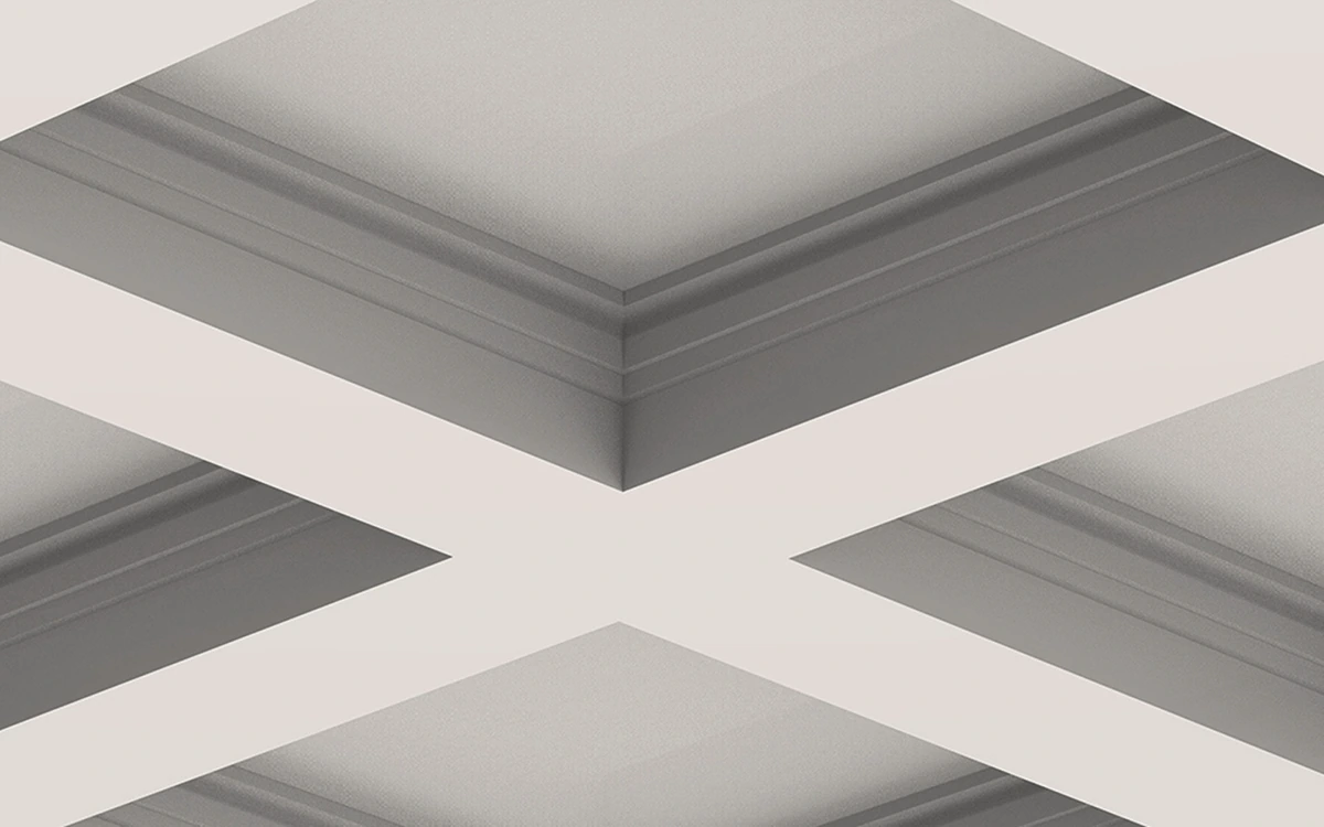 IN-038 white plaster coffered ceiling beams with broad undersides and curved, stepped inner moulding.