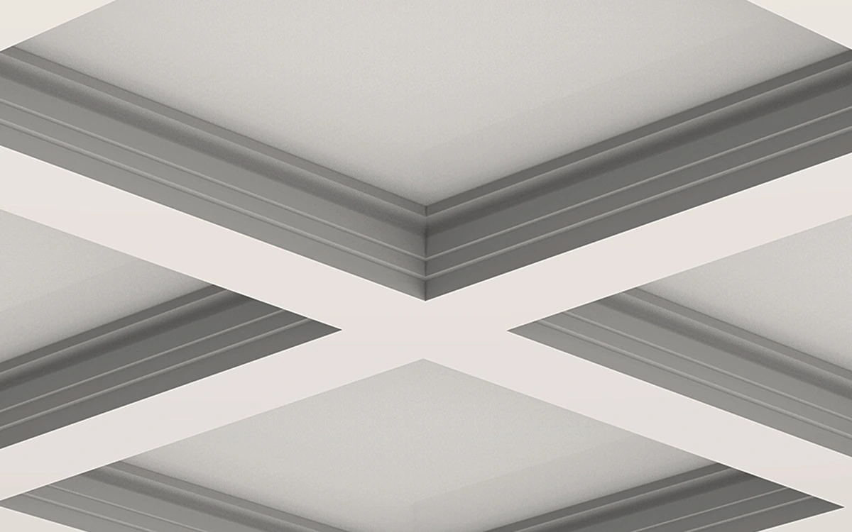 IN-039 white plaster ceiling beams with broad undersides and layered moulded borders, viewed from below.