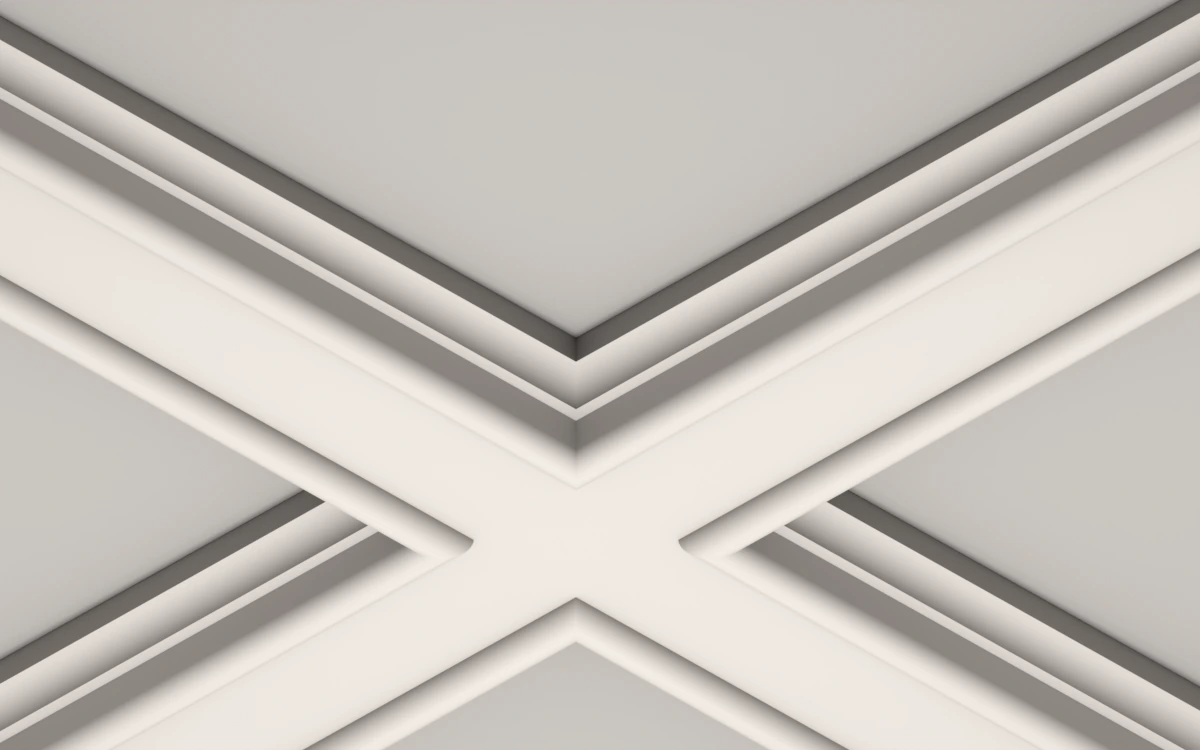 IN-16 white plaster coffered ceiling beams with curved moulded edges and rounded lower borders, viewed from below.
