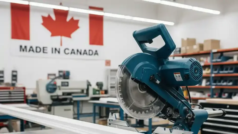 Illustration d’un atelier avec scie à onglets et affiche « Fabriqué au Canada ».