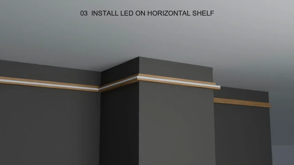 Illustration d’installation : ruban DEL sur un support horizontal avant la pose de la moulure.
