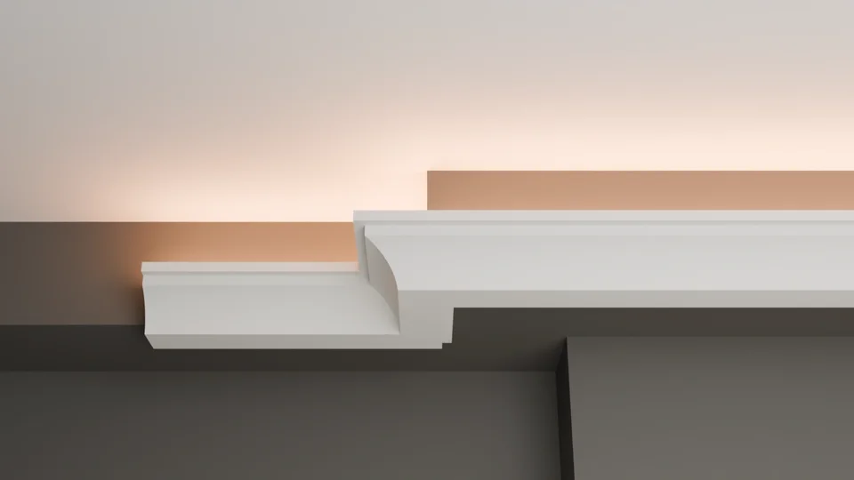 Vue de face de LC-07 suivant un décrochement du mur sous un éclairage indirect chaleureux.
