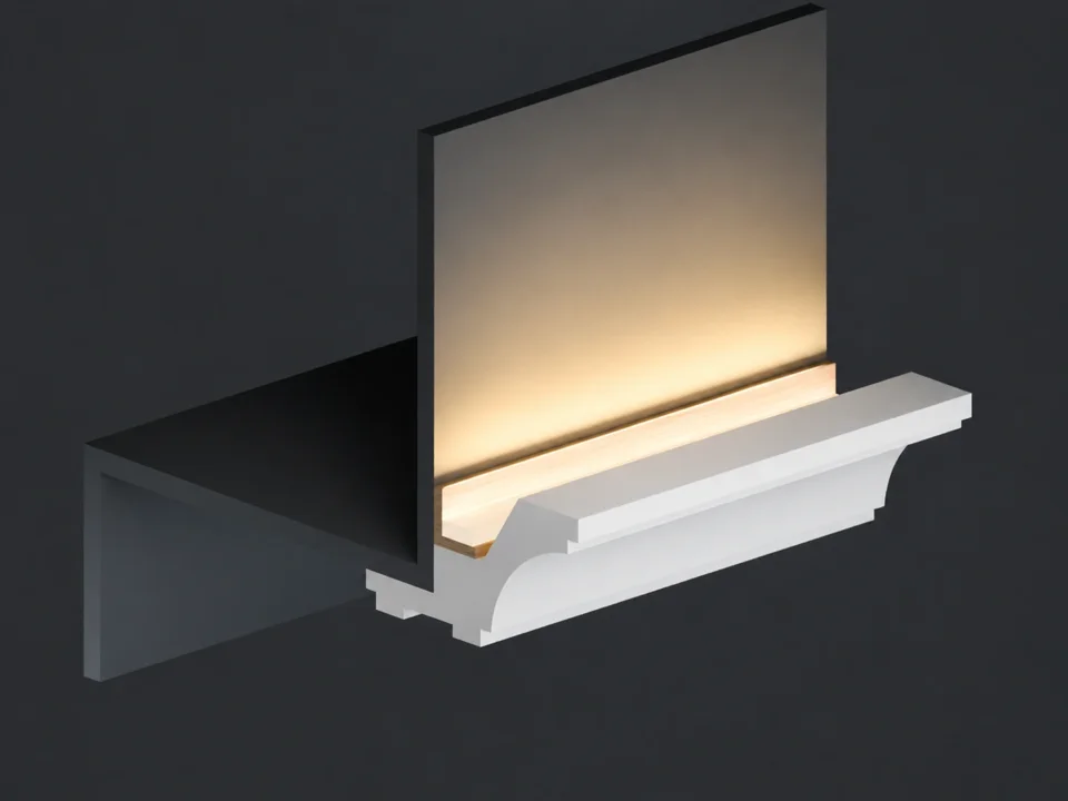Vue en coupe du profil LC-01 avec source lumineuse dissimulée derrière la moulure.