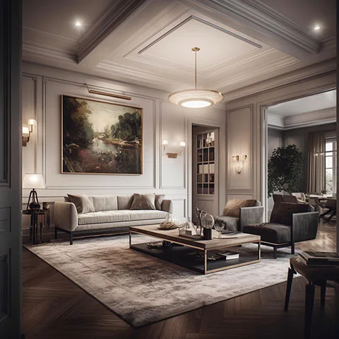 Salon avec moulures de plafond superposées au pourtour du plafond.
