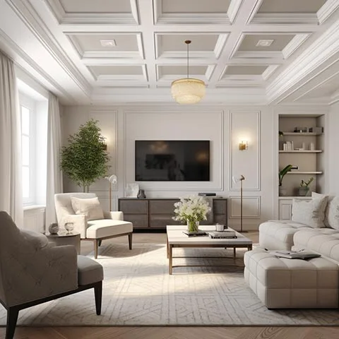 Salon avec plafond à caissons blanc et panneaux carrés en retrait.
