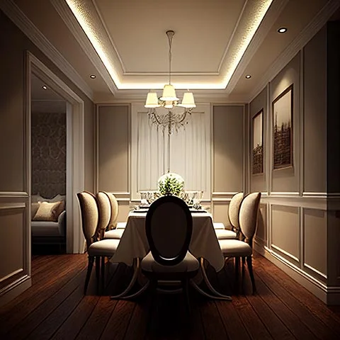 Salle à manger avec un éclairage chaleureux dissimulé autour du plafond en retrait.