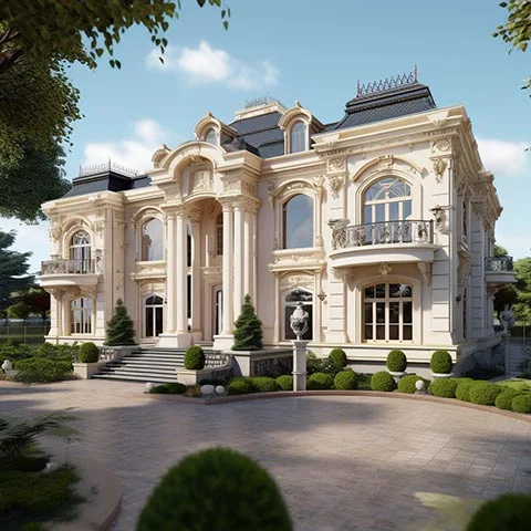 Grande maison avec colonnes, encadrements décoratifs et entrée arrondie.