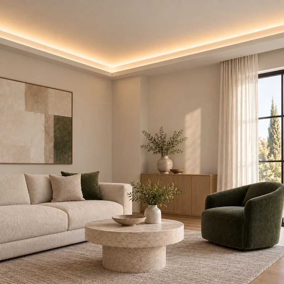 Concept d’intérieur généré par IA : mobilier ivoire, fauteuil vert foncé et corniches moulurées diffusant une lumière chaleureuse vers le plafond.