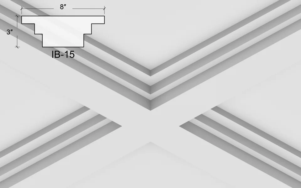 Illustration de plafond IB-15 avec un profil à gradins et une coupe de 8 × 3 pouces.