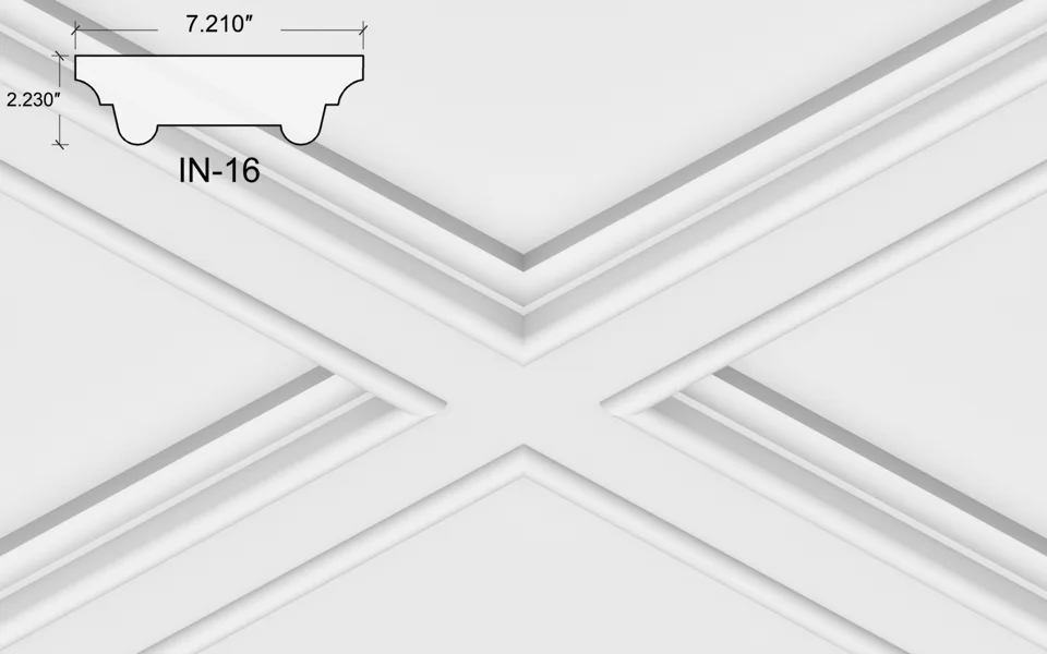 Illustration de plafond IN-16 montrant des épaulements courbes, des bords inférieurs arrondis et le profilé réel de 7,210 × 2,230 po.