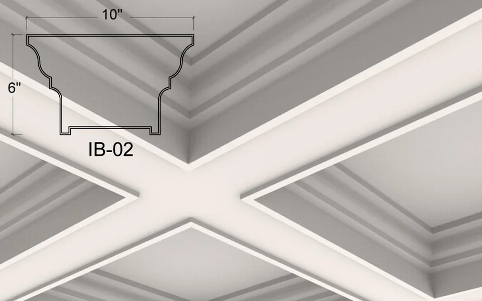 Illustration du plafond à caissons IB-02. De larges épaulements courbes se rétrécissent vers des côtés inférieurs droits, avec une petite rainure en dessous. L’illustration montre une transition marquée entre le panneau et le quadrillage.