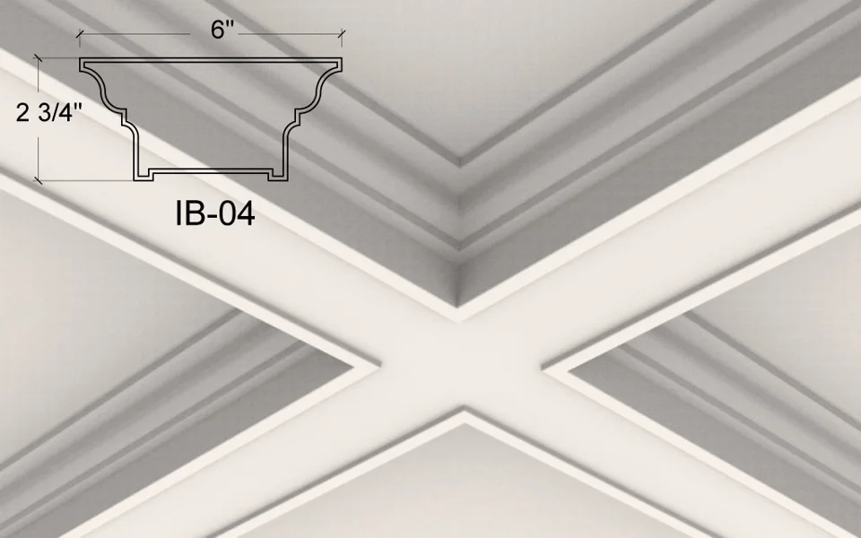 Illustration du plafond à caissons IB-04. Des épaulements compacts à double courbure rejoignent une face inférieure droite. De petits gradins aux transitions donnent au panneau un contour mouluré traditionnel.
