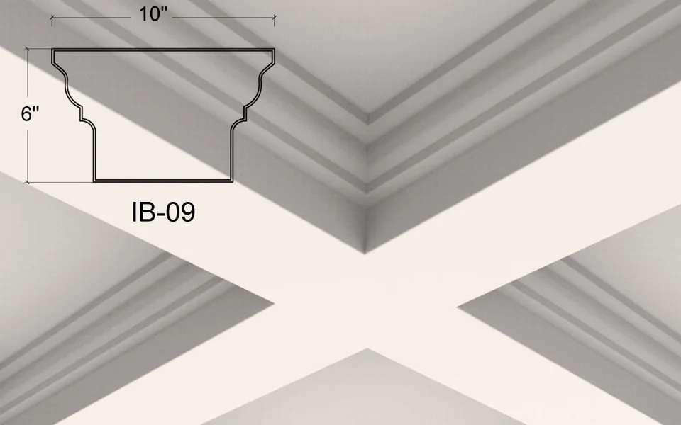 Illustration du plafond à caissons IB-09. Des épaulements courbes et un petit gradin intermédiaire rejoignent un dessous plat et uni. Le quadrillage combine une bordure traditionnelle courbée et une face inférieure plus simple.