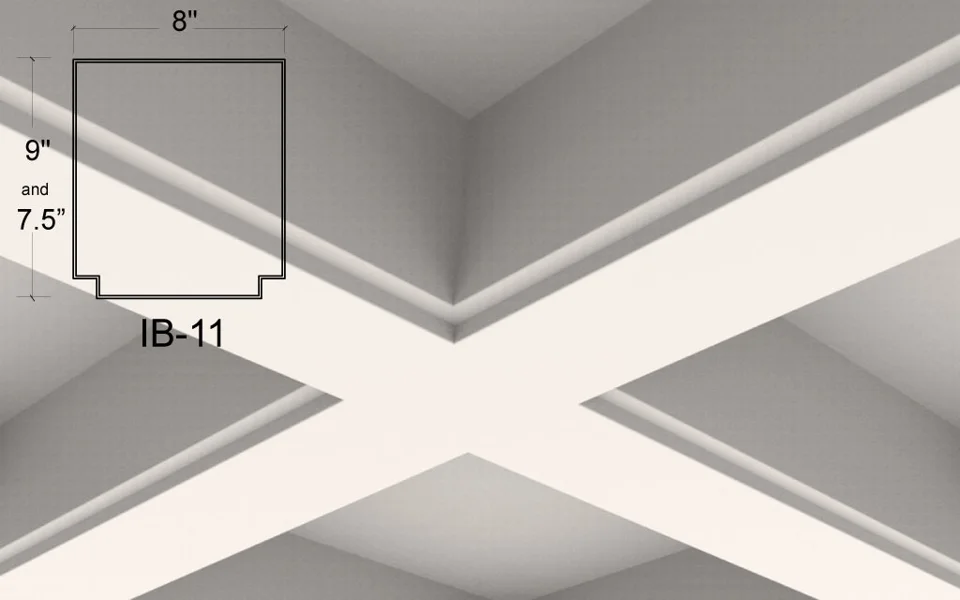 Illustration du plafond à caissons IB-11. Des côtés verticaux droits se terminent par un petit gradin carré au bas. Le quadrillage présente une forme rectangulaire épurée, sans les épaulements courbes des profils moulurés.