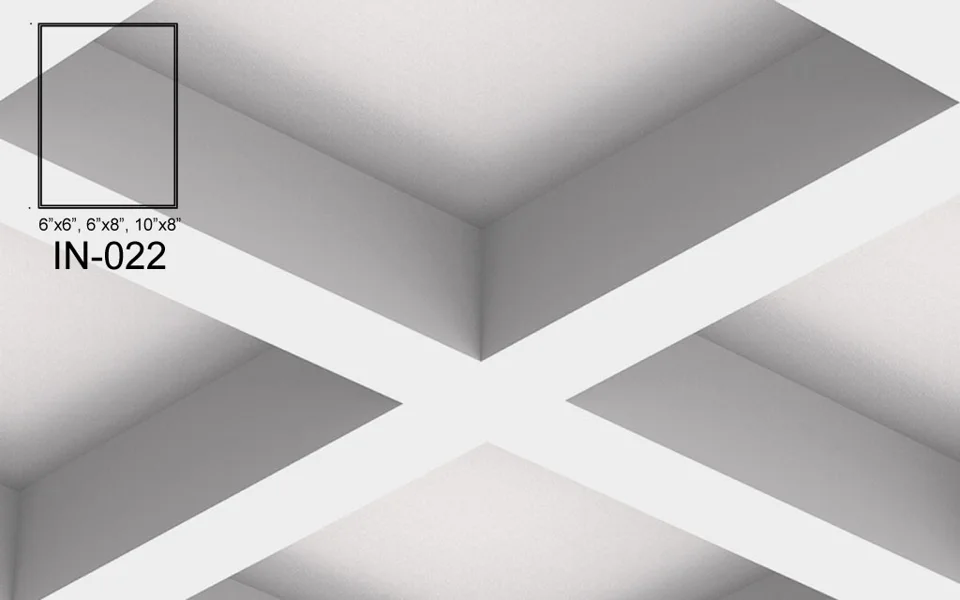 Illustration du plafond à caissons IN-022. Poutre rectangulaire simple aux faces planes et aux coins carrés. Son contour sans ornement crée un quadrillage géométrique autour des retraits du plafond.