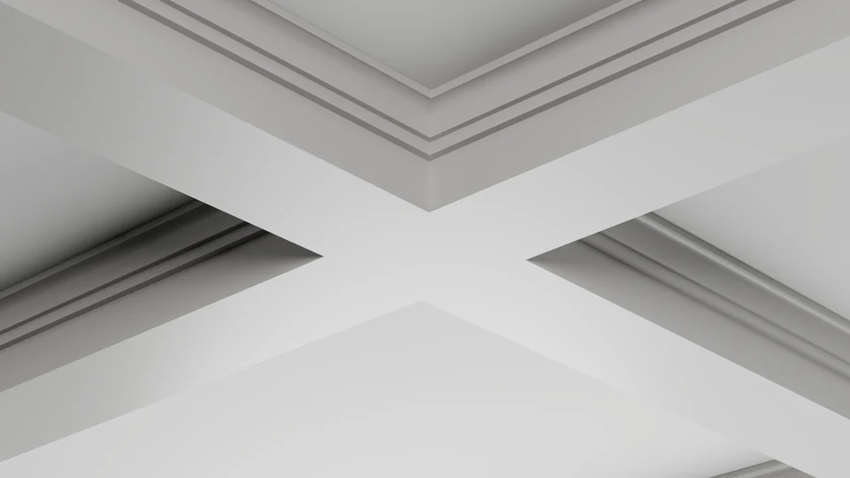 Illustration du plafond à caissons IN-038. Une large partie supérieure courbée rejoint de petits gradins carrés et une haute face inférieure droite. Les épaulements courbes adoucissent le cadre autrement angulaire des panneaux.