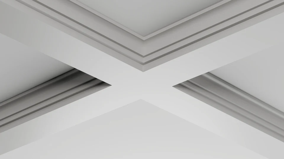 Illustration du plafond à caissons IN-039. Profil compact avec petits épaulements supérieurs courbés et gradin carré rentrant de chaque côté. Son dessous plat forme un quadrillage net sous les panneaux en retrait.