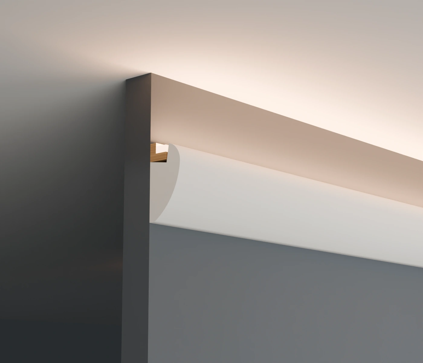 Installed close-up of the rounded LC-08 profile beneath indirect lighting.